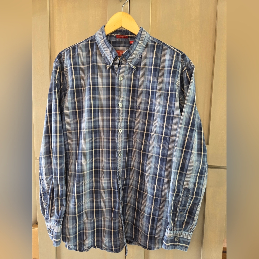 Izod Men's Navy and Light Blue Plaid Button Down Shirt